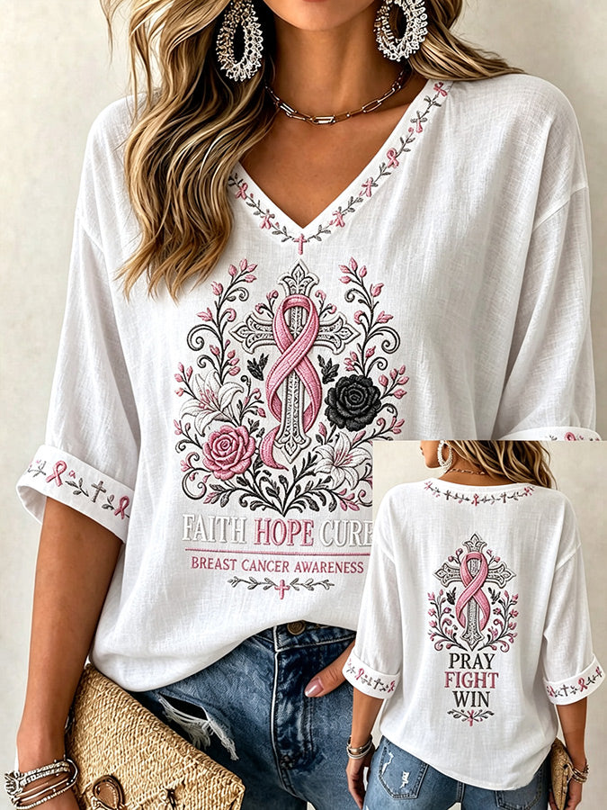 Women'S Breast Cancer Printed V-Neck Short Sleeve T-Shirt