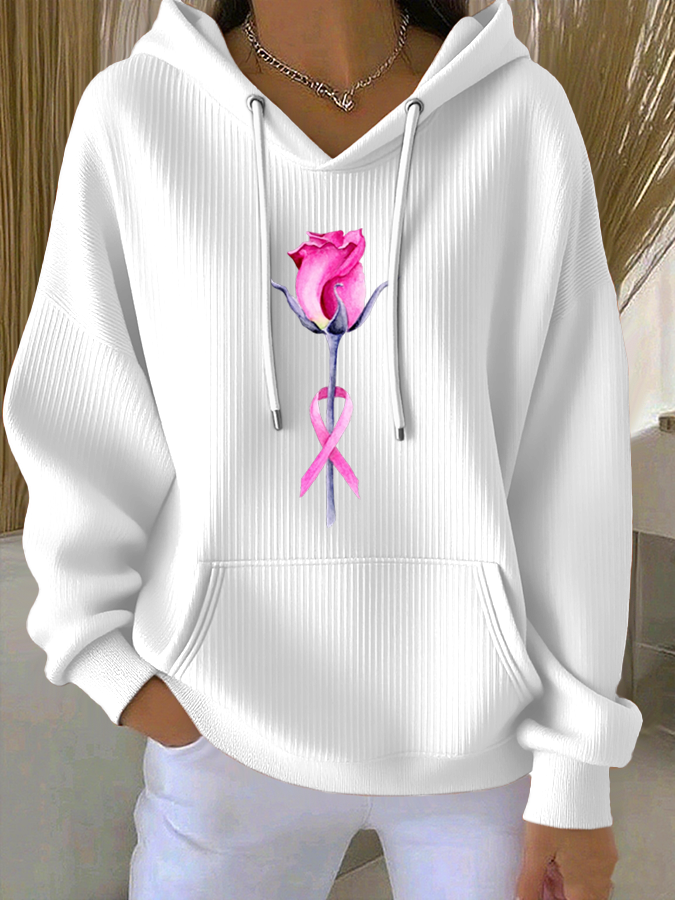 Women'S Breast Cancer Awareness Flowers  Printed Casual Hoodie