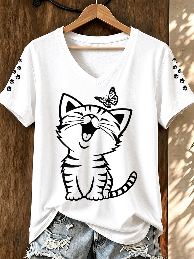 Women'S Cat Printed V-Neck T-Shirt