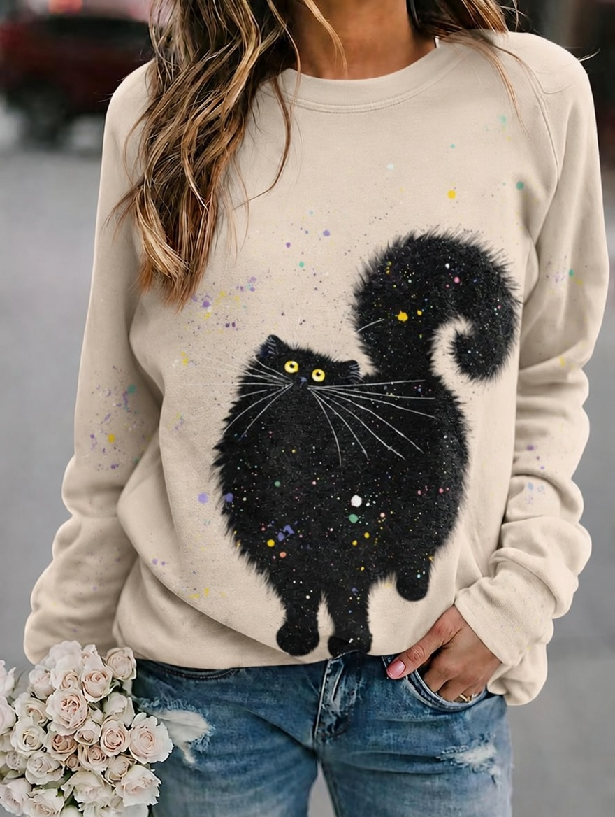 Women'S Casual Black Cat Art Printed Sports Shirt