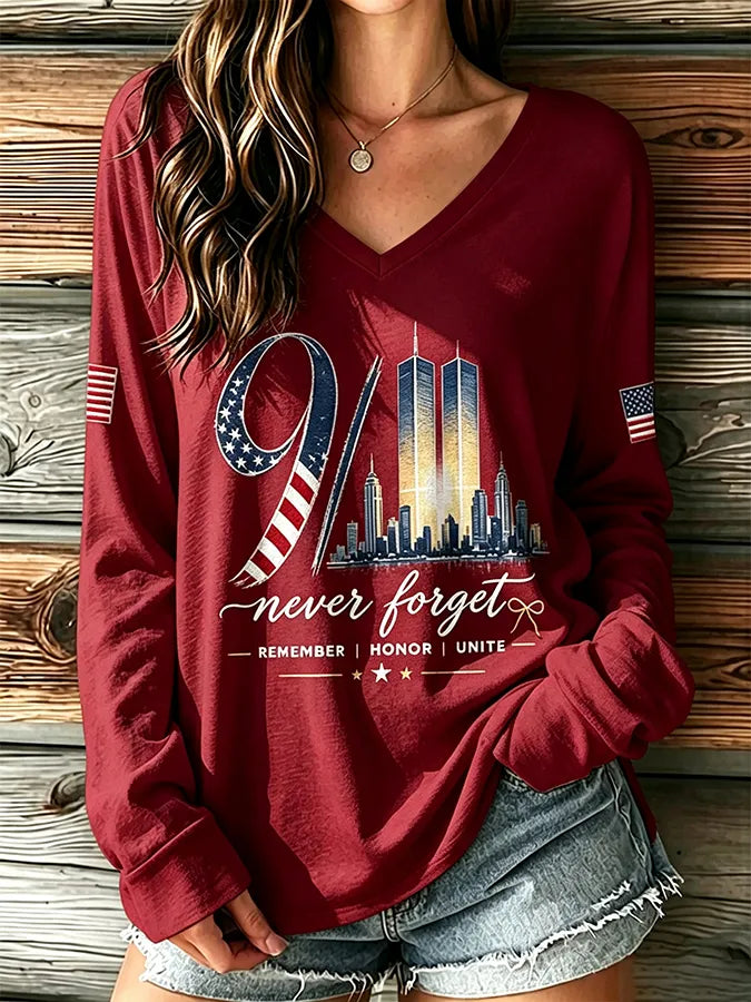 🕯️Women's "Never Forget 9/11" Pattern Comfortable V-Neck Retro T-Shirt