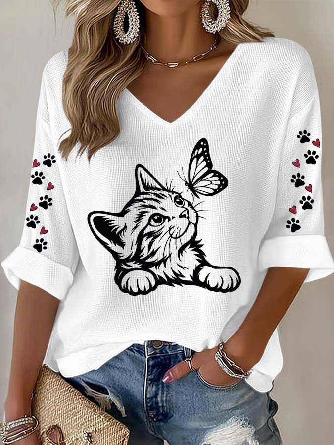 Women'S Cat Paw Print Waffle Print T-Shirt