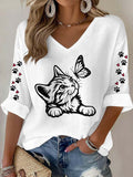 Women'S Cat Paw Print Waffle Print T-Shirt