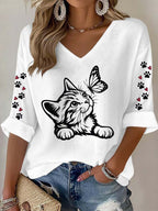 Women'S Cat Paw Print Waffle Print T-Shirt
