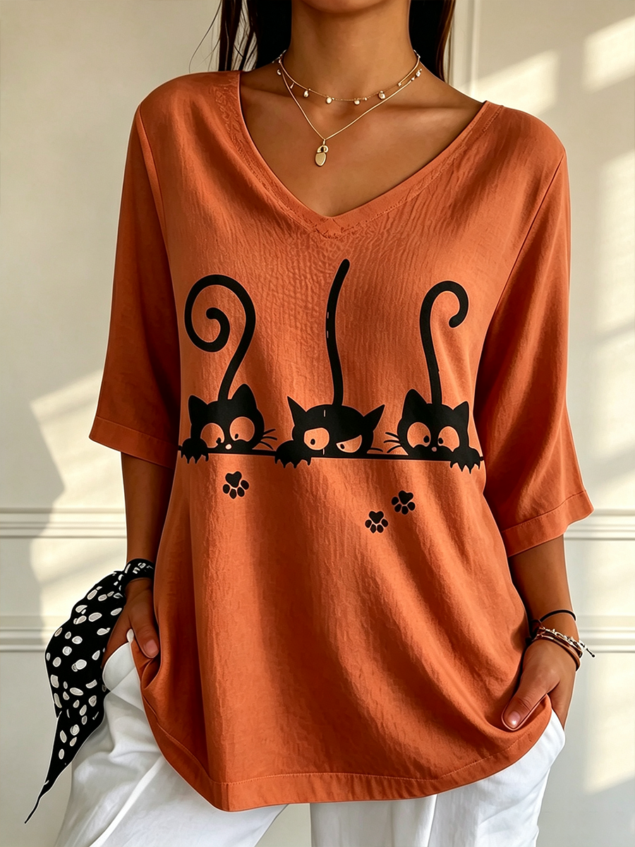 Women'S Cat Printed Casual T-Shirt