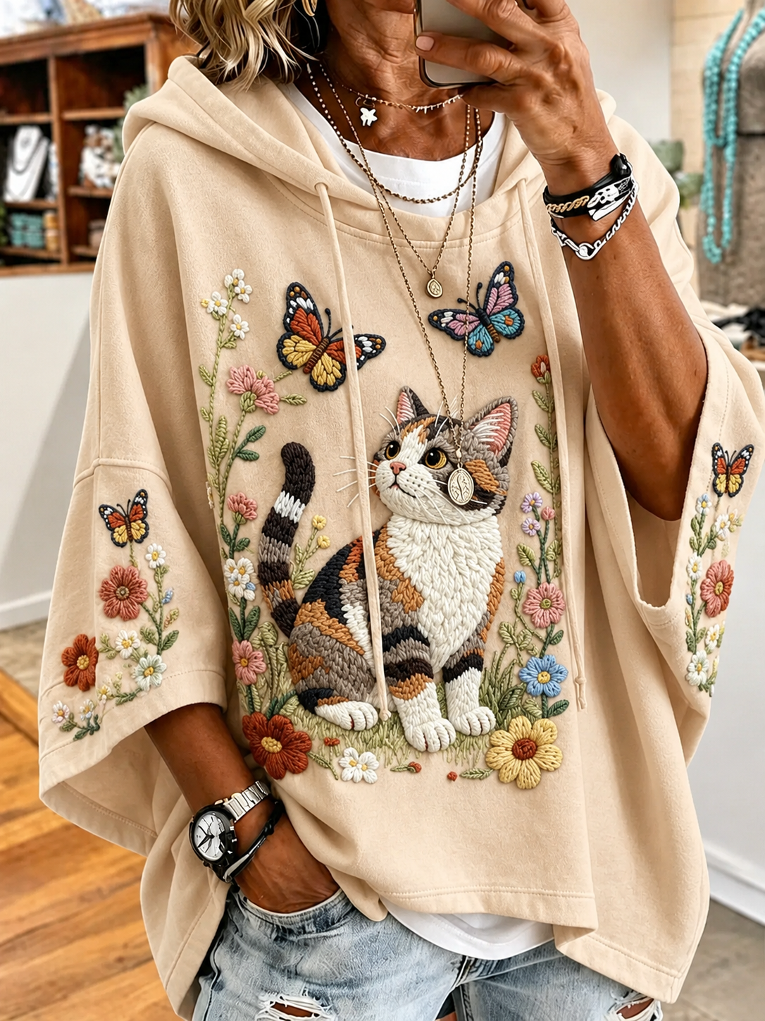 Women's Cat and Flower Hoodie