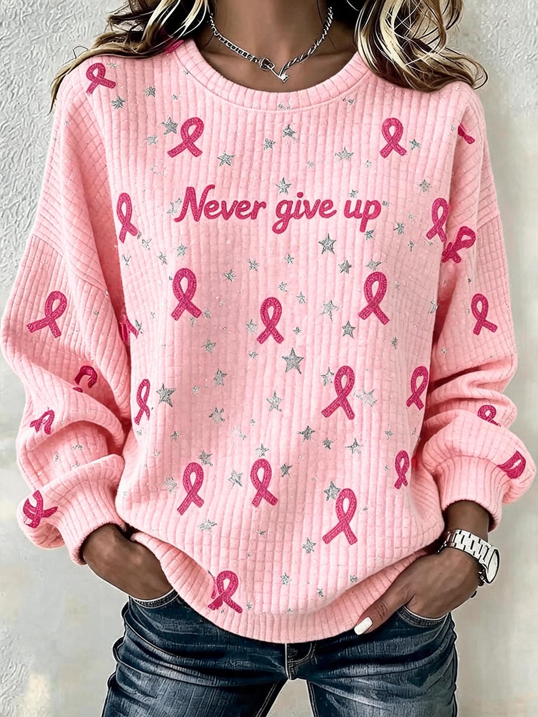 Women'S Pink Ribbon Breast Cancer Awareness Publicity Print Round Neck Plaid Sweatshirt