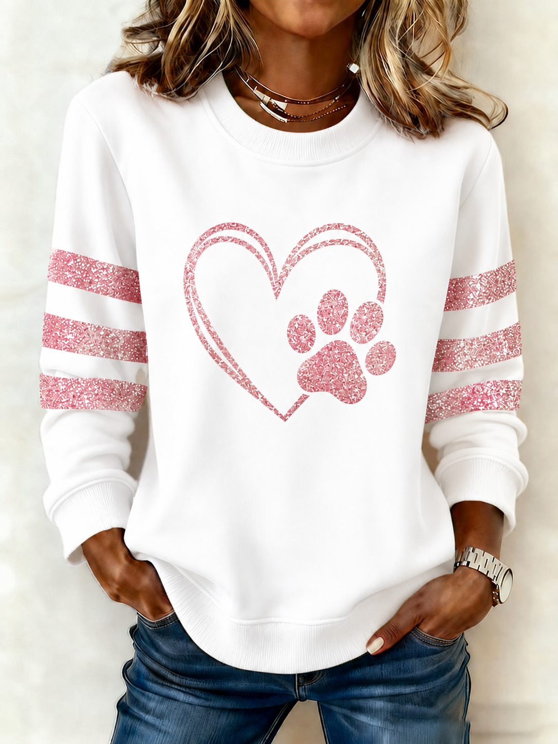 Ladies' Love Sequin Printed Round Neck Sports Shirt