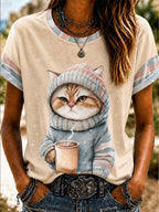 Women'S Cute Cat Art Printed Round Neck T-Shirt