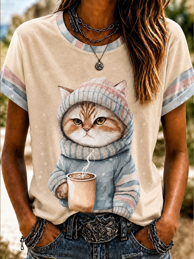 Women'S Cute Cat Art Printed Round Neck T-Shirt