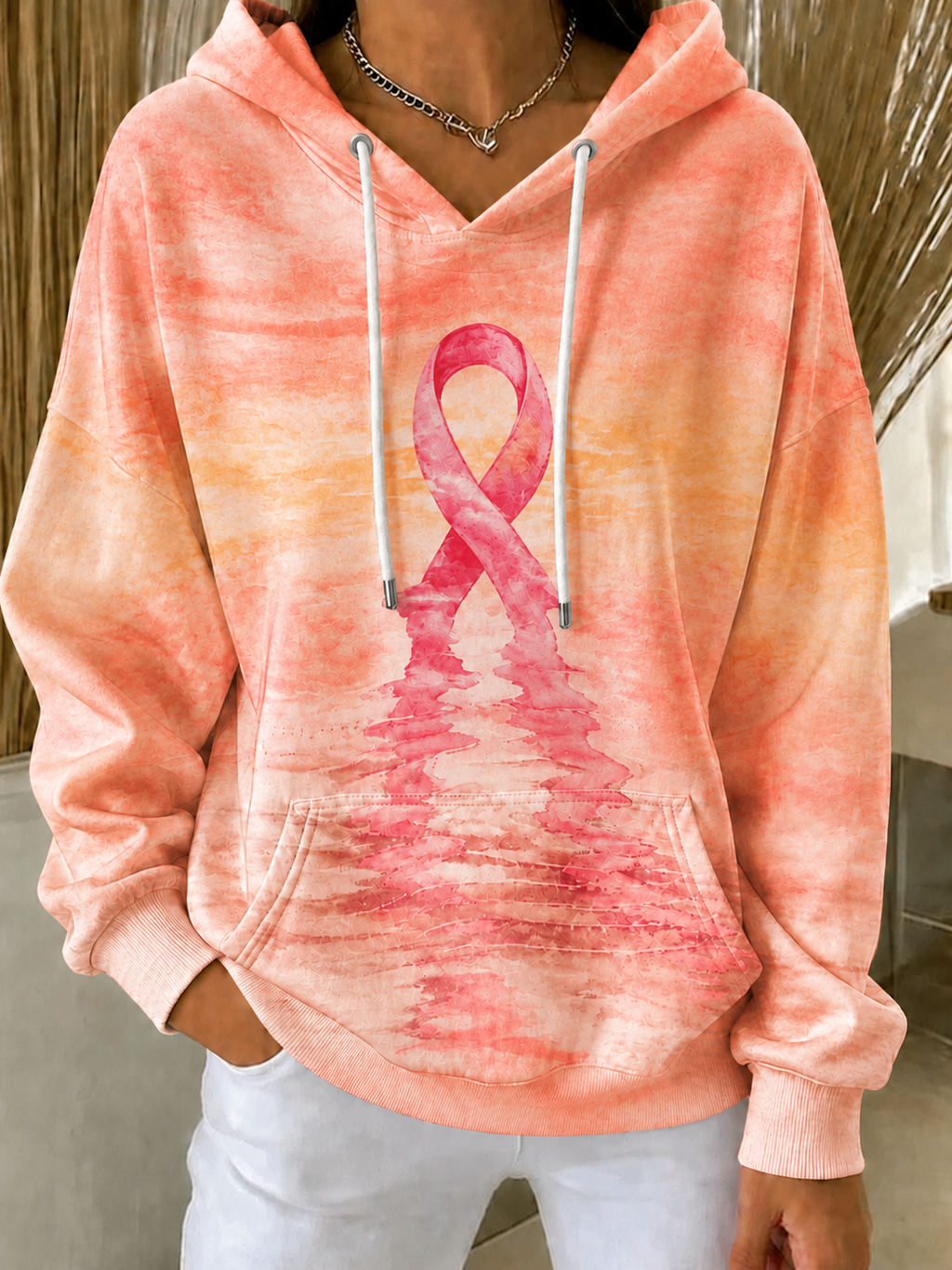 Women'S Breast Cancer Awareness Print Long Sleeve Hooded Sweatshirt