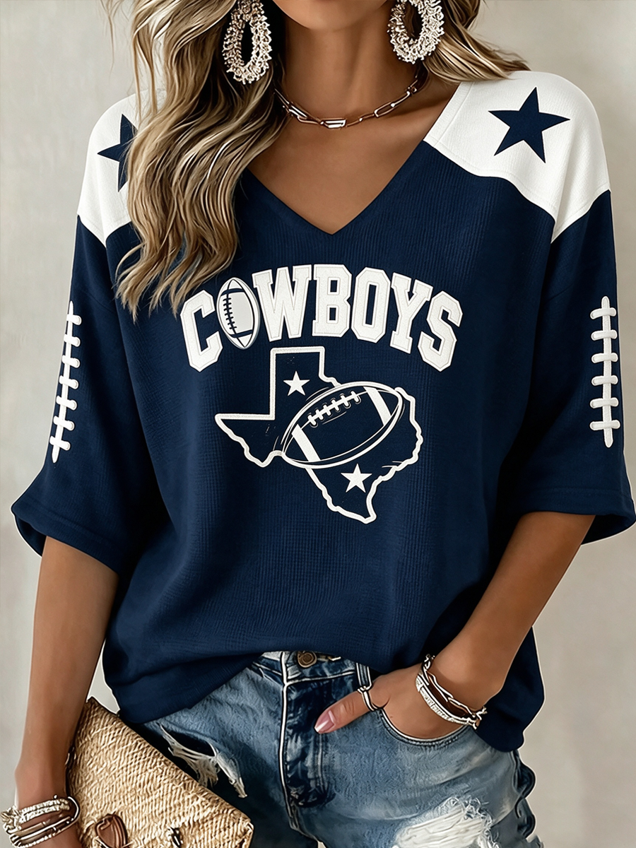 Women'S Rugby Patterned Waffle V-Neck Top