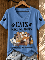 Women'S Cute Cat Printed Casual V-Neck T-Shirt