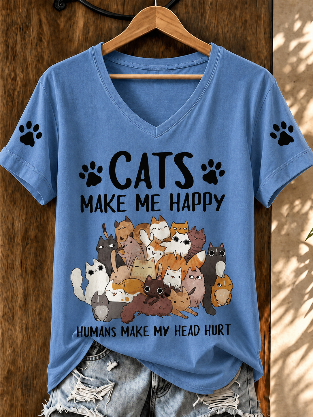 Women'S Cute Cat Printed Casual V-Neck T-Shirt