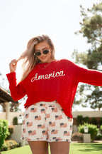 Off To The Fireworks Red America Script Striped Sweater FINAL SALE