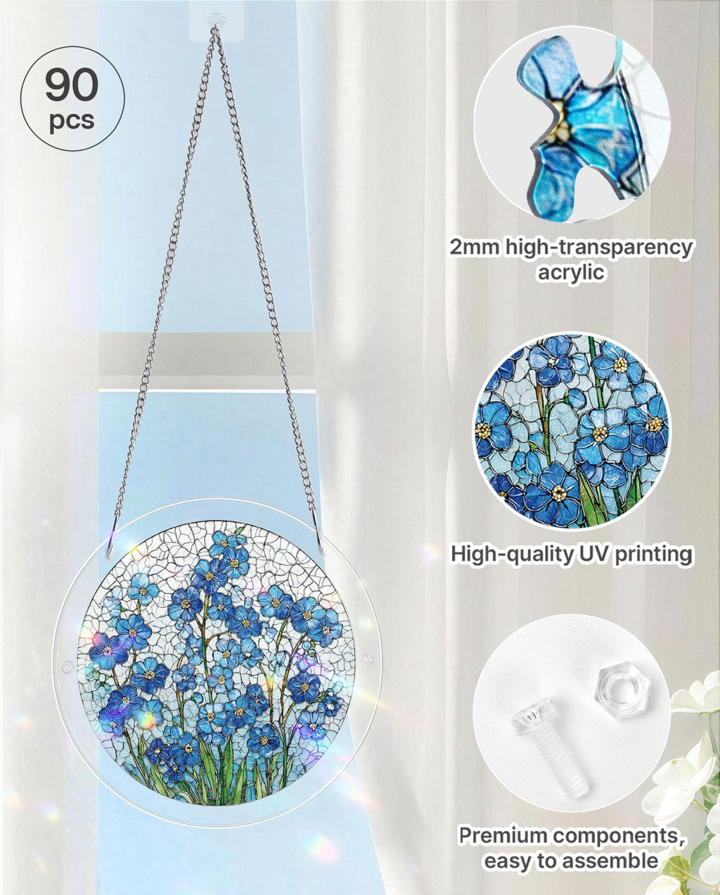 Acrylic Jigsaw Puzzle Suncatcher - Azure Bloom Whisper