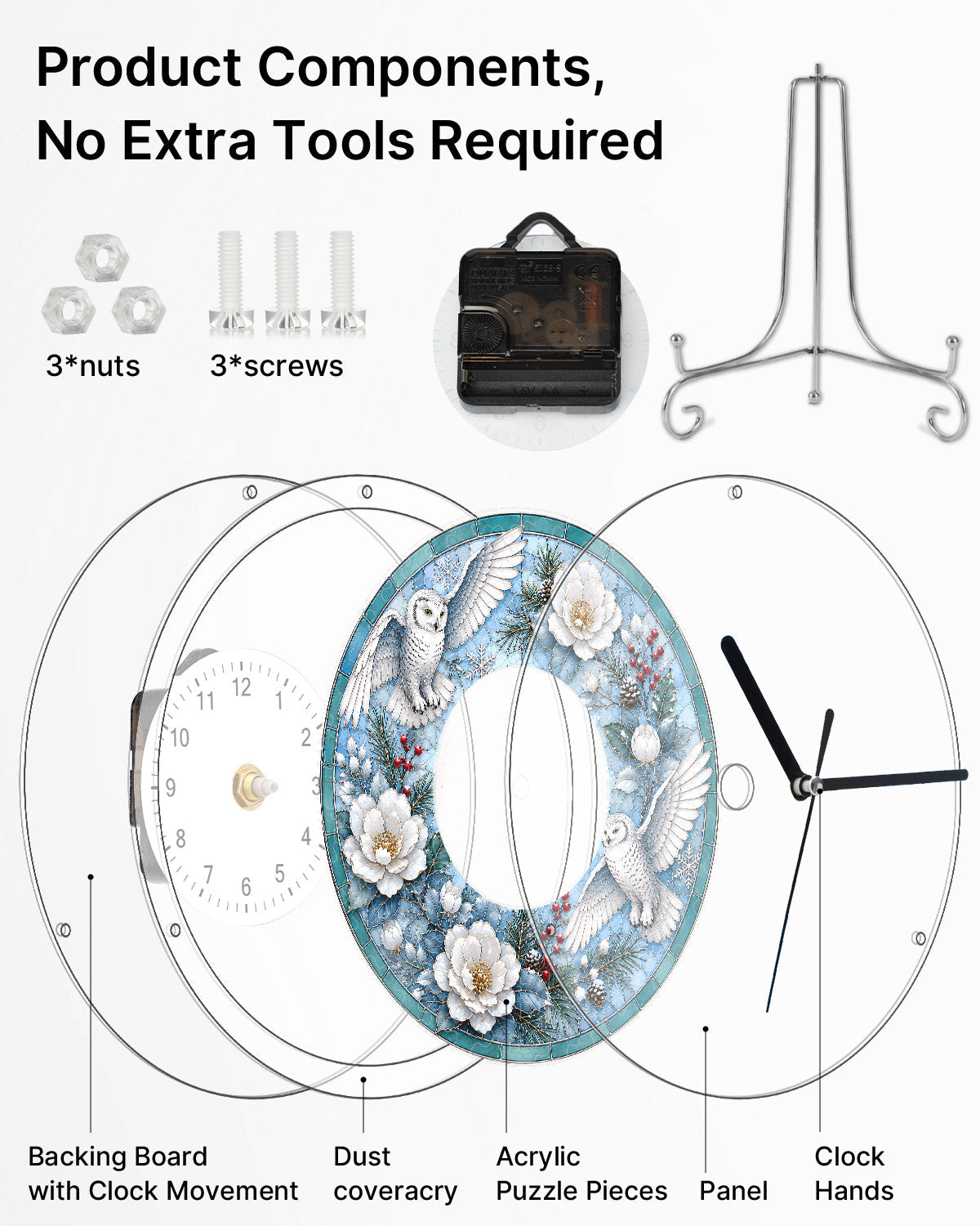 DIY Acrylic Puzzle Clock Kit - Winter Snowy Owls