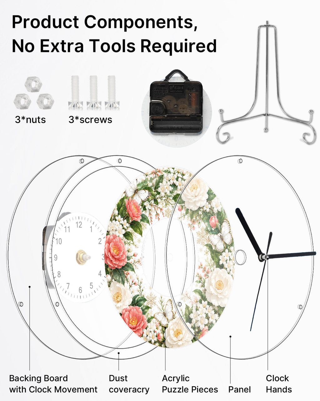 DIY Acrylic Puzzle Clock Kit - Pink White Roses