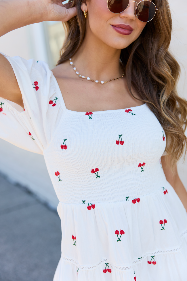 Cherry To My Cola Embroidered Ivory Dress FINAL SALE