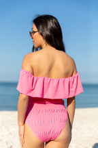 Resort Radiance Pink Smocked Off The Shoulder One Piece Swimsuit FINAL SALE