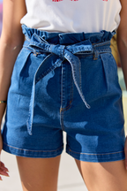 What's New Dark Wash Paperbag Waist Belted Denim Shorts  FINAL SALE