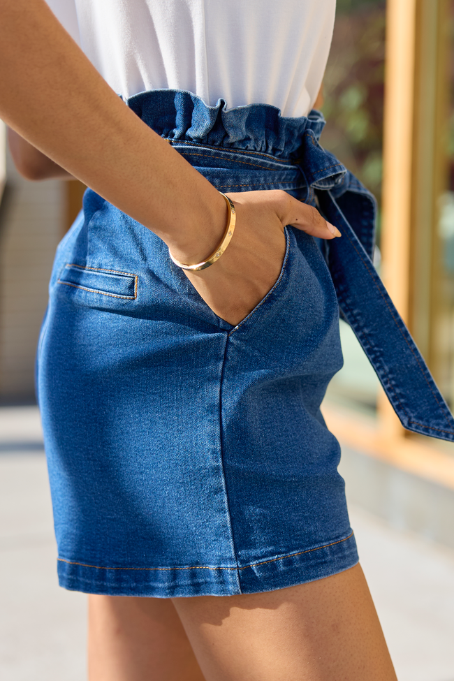 What's New Dark Wash Paperbag Waist Belted Denim Shorts  FINAL SALE