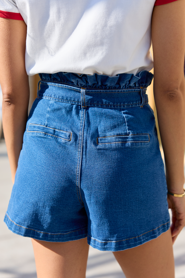 What's New Dark Wash Paperbag Waist Belted Denim Shorts  FINAL SALE