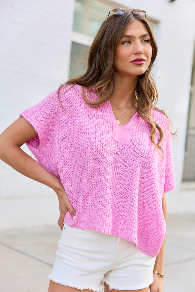 Alana Pink Open Knit Short Sleeve Sweater FINAL SALE