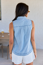 Smooth Sailing Light Wash Sleeveless Collared Chambray Tank FINAL SALE