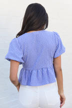 Mila Blue Gingham Tie Front Flounce Woven Blouse FINAL SALE