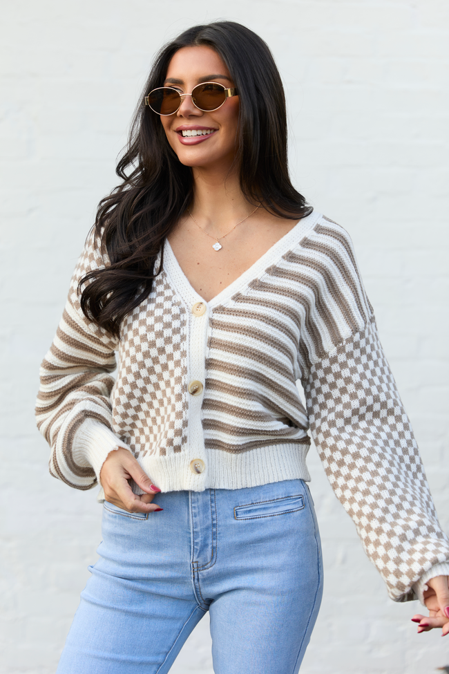 Samara Checkered And Stripes Brown And Cream Cardigan FINAL SALE
