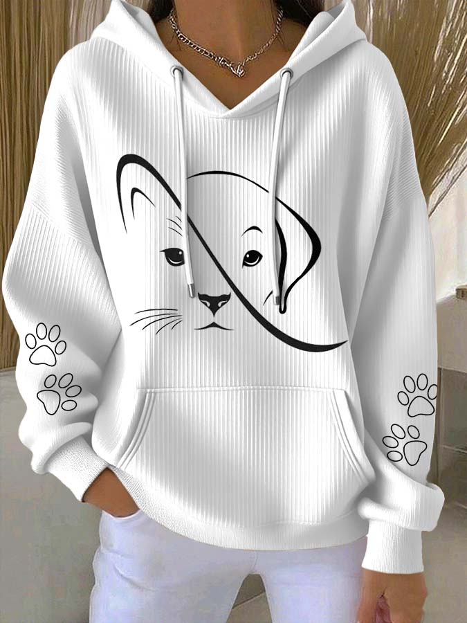 Women'S Cute Cat And Dog Print Hooded Knitted Long Sleeved Sportswear
