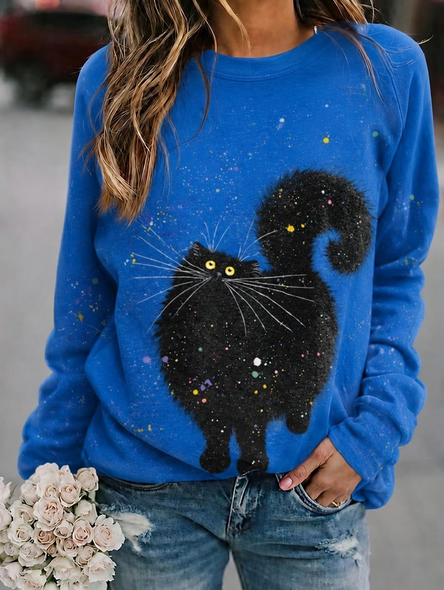 Women'S Casual Black Cat Art Printed Sports Shirt