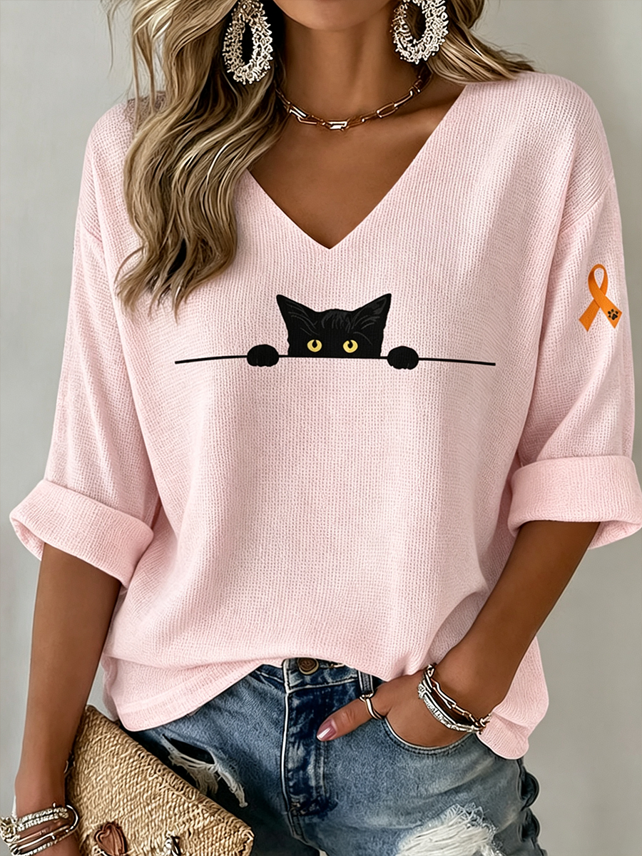 Women's Minimalist Cat Print V-Neck Top