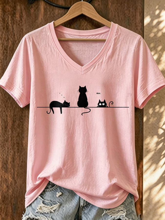 Women's Minimalist Cat V-Neck Top