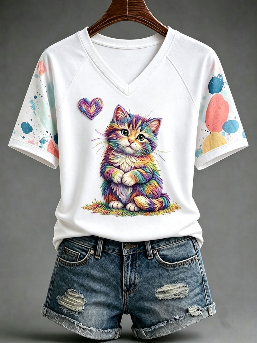 Ladies' Cute Cat Pattern Short Sleeve T-Shirt