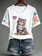 Ladies' Cute Cat Pattern Short Sleeve T-Shirt