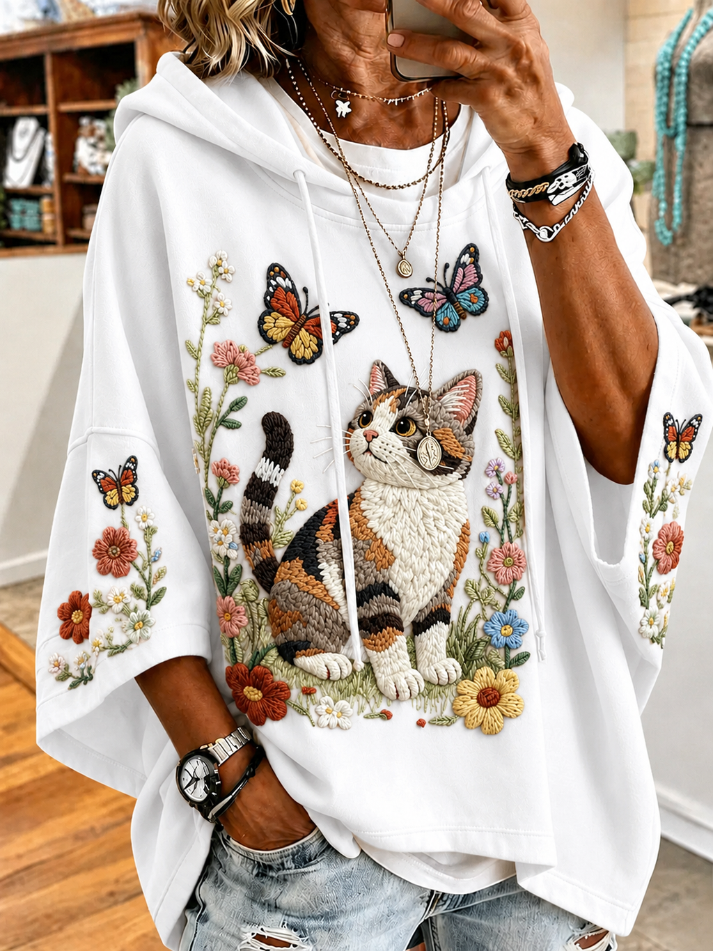 Women's Cat and Flower Hoodie