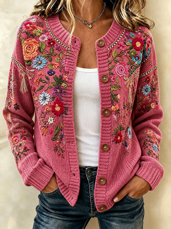 Women's Casual Floral Knitted Cardigan Top