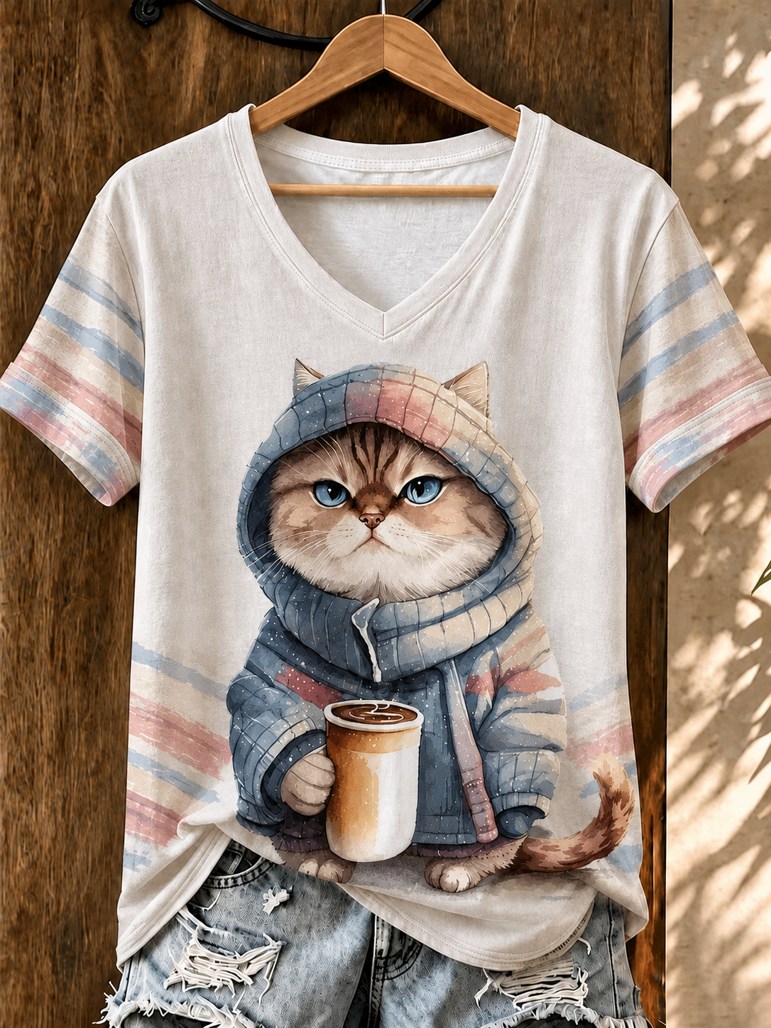Women'S Cute Cat Printed Casual V-Neck T-Shirt