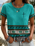 Women's Western Style Cross Round Neck T-Shirt