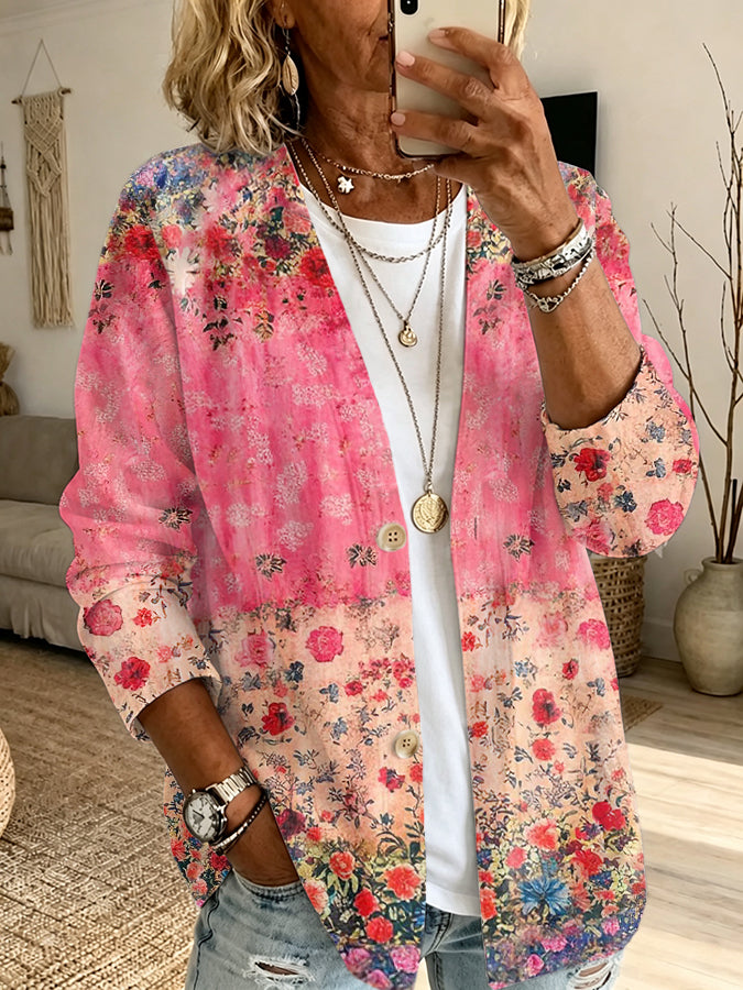 Women'S Floral Art Print Casual Cardigan