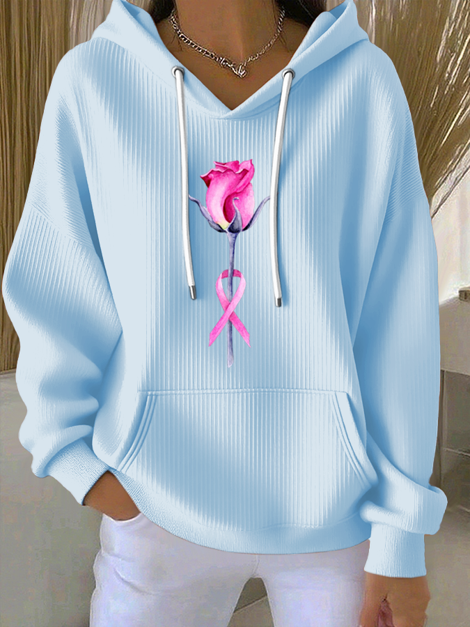 Women'S Breast Cancer Awareness Flowers  Printed Casual Hoodie