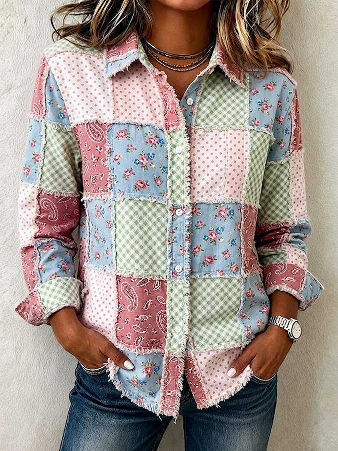 Women's Retro Splicing Flower Print Knit Top