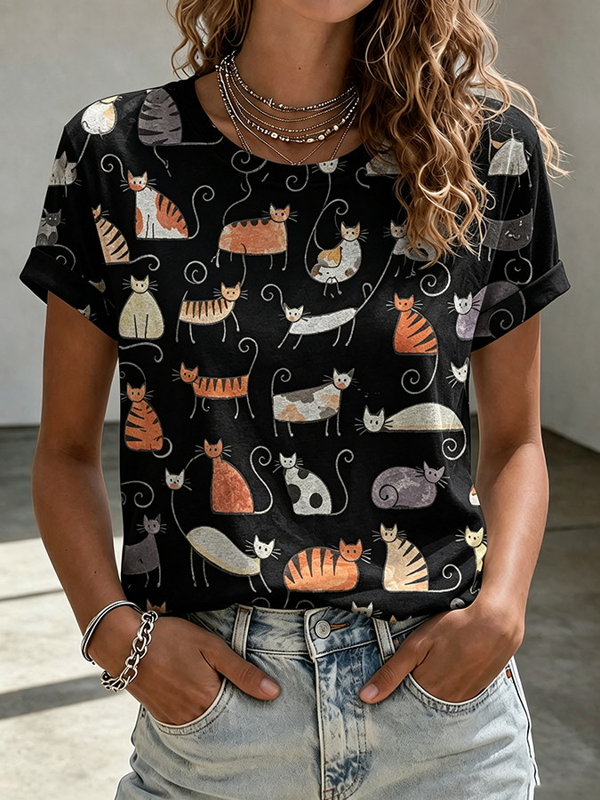 Women'S Fun Simple Drawing Cat Pattern Round Neck T-Shirt