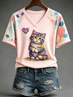 Ladies' Cute Cat Pattern Short Sleeve T-Shirt