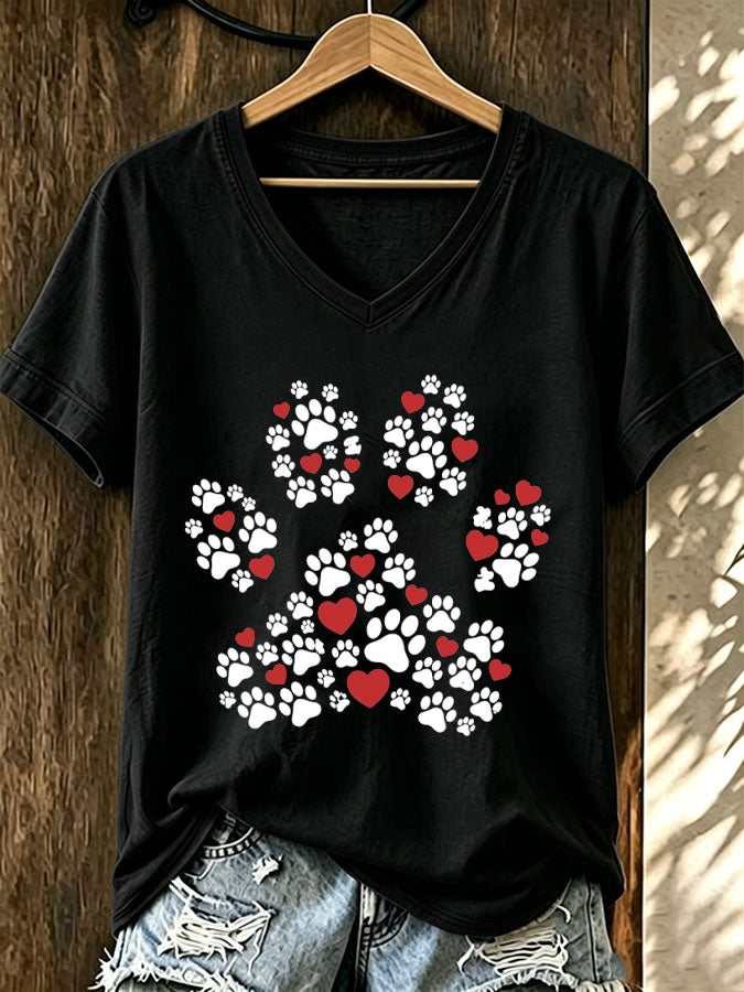 Women'S Paw Heart Print V-Neck T-Shirt