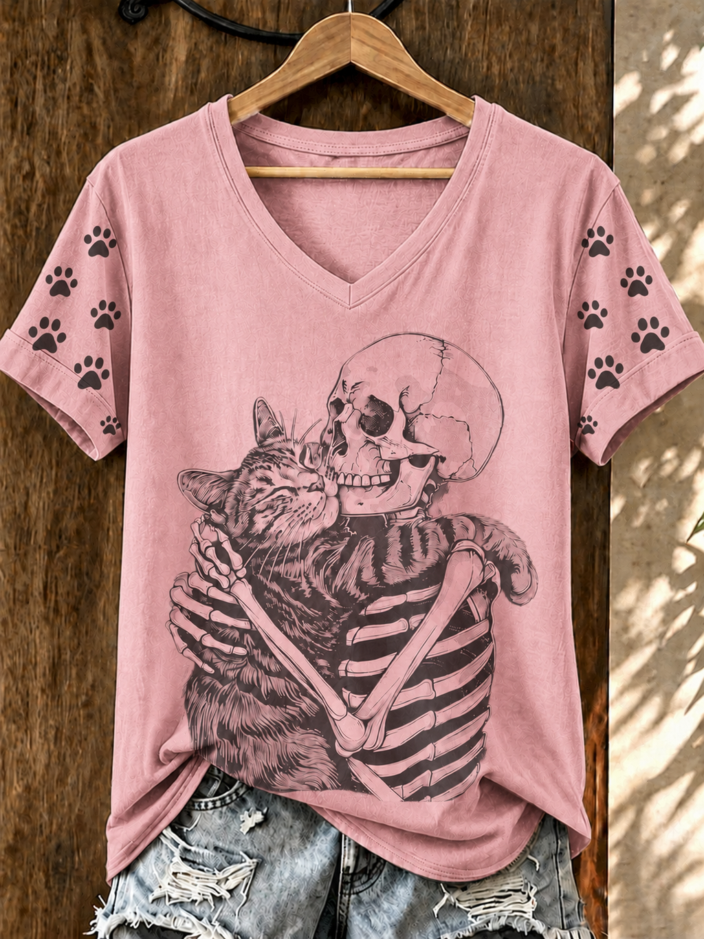 Women'S Cat Skull Printed Casual V-Neck T-Shirt