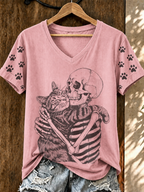 Women'S Cat Skull Printed Casual V-Neck T-Shirt