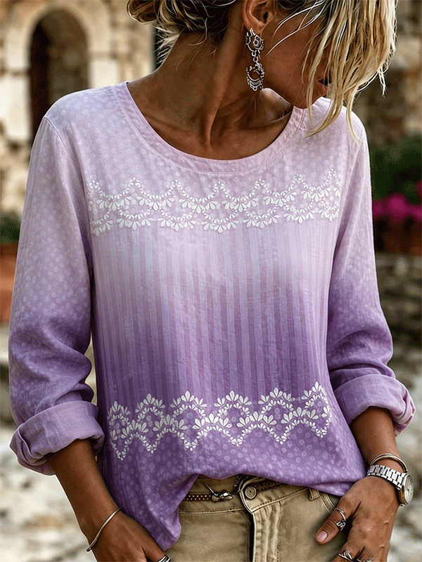 Women'S Polka Dot Striped Lace Embroidery Casual Shirt